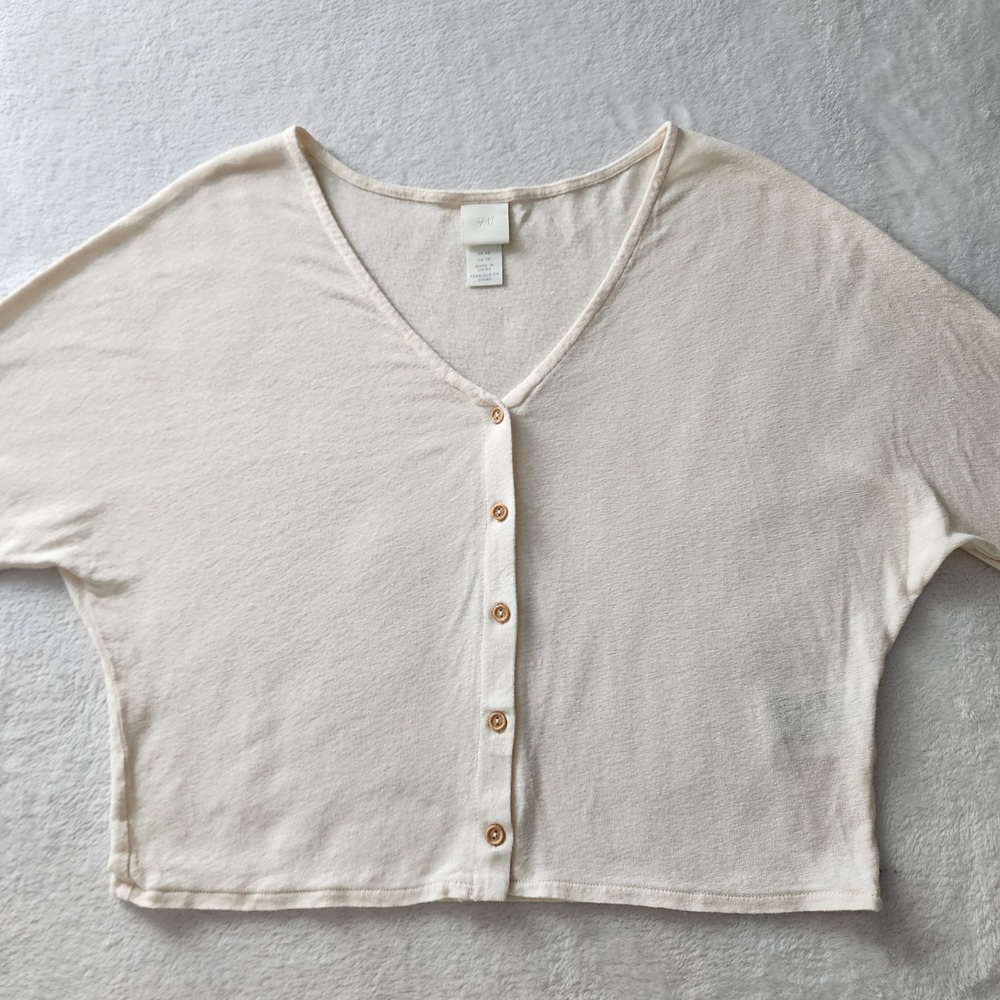 H&M Linen Blend Cardigan Womens XS Cream Cropped Fairy Natural Bridal Neutral - Picture 10 of 15